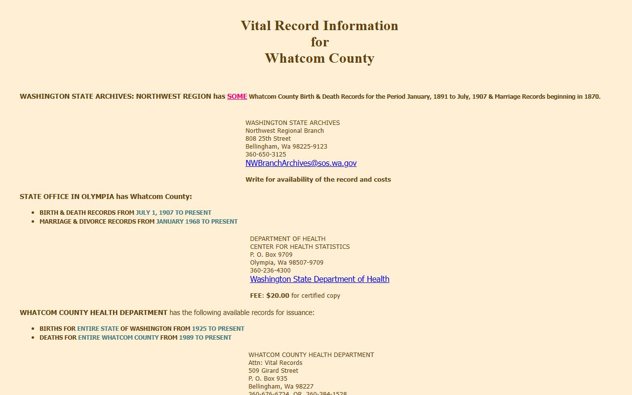 Bellingham Washington Whatcom County vital records guide death records repository list