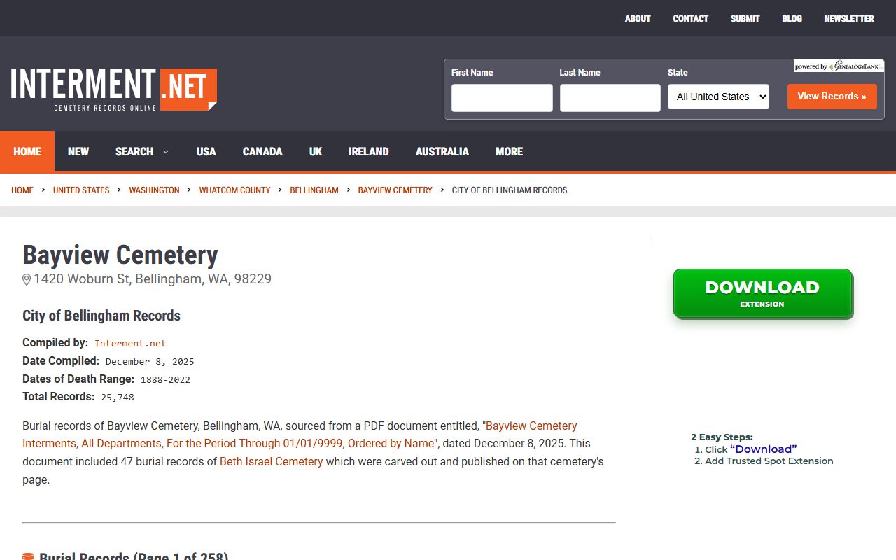 Bellingham Washington Bayview Cemetery burial records obituary database