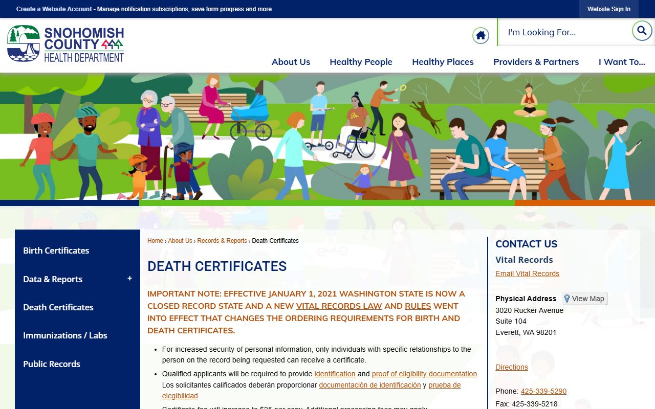 Bothell Washington Snohomish County Health Department death certificates vital records