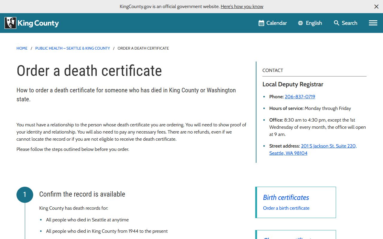 Burien Washington King County death certificates ordering page vital records