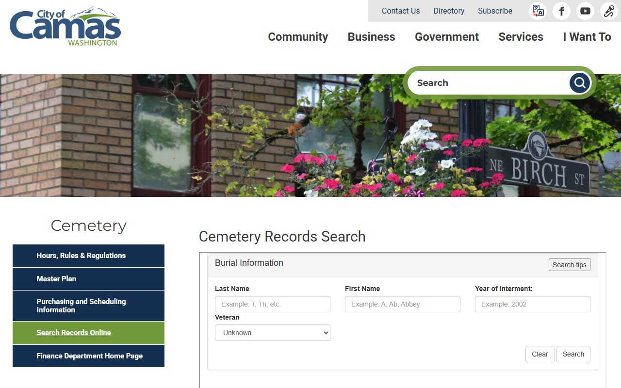 Camas Washington cemetery records search city of Camas burial database