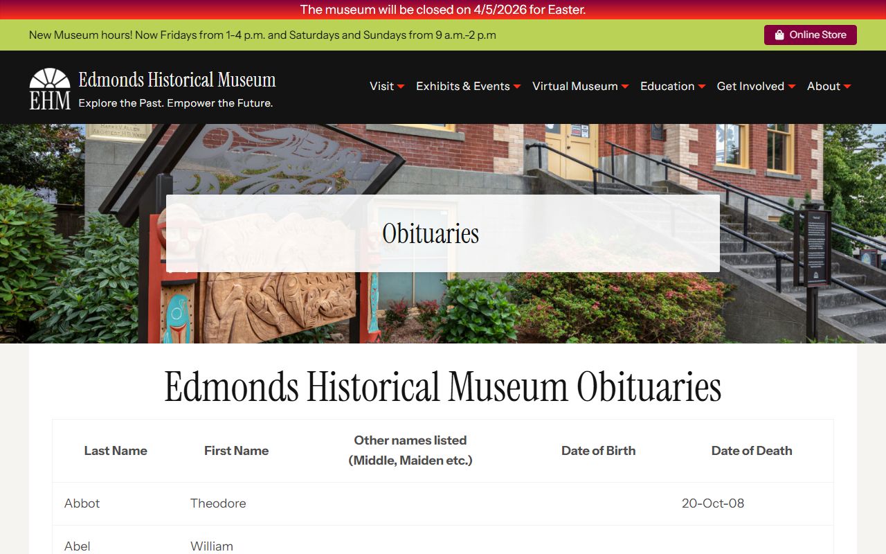 Edmonds Washington Historical Museum obituary index pioneer families death records