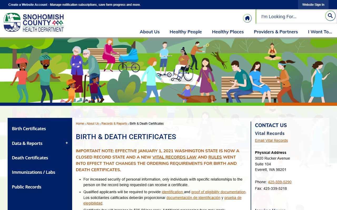 Edmonds Washington Snohomish County Health birth death certificates ordering information