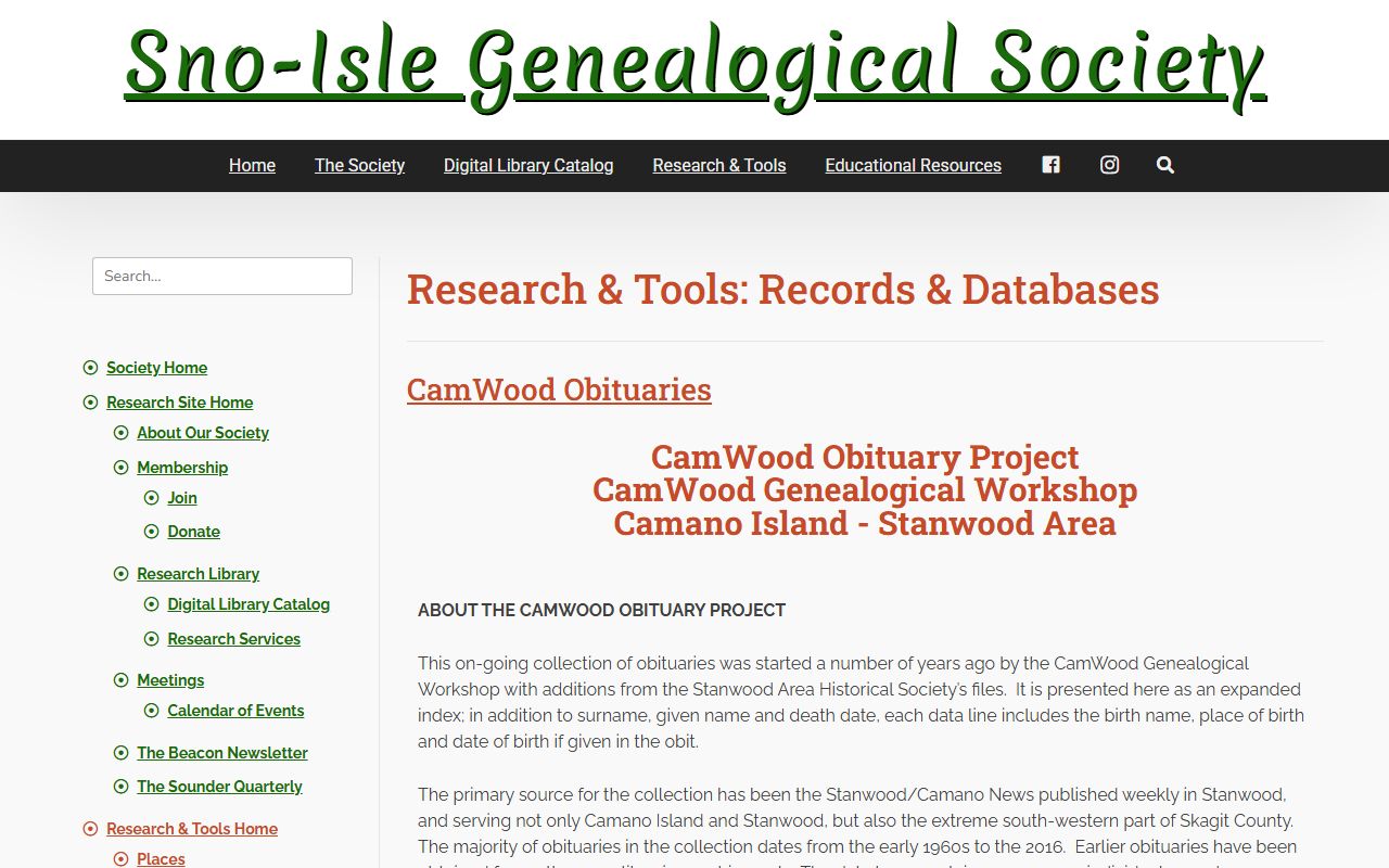Edmonds Washington Sno-Isle Genealogical Society obituary collection Snohomish County death records