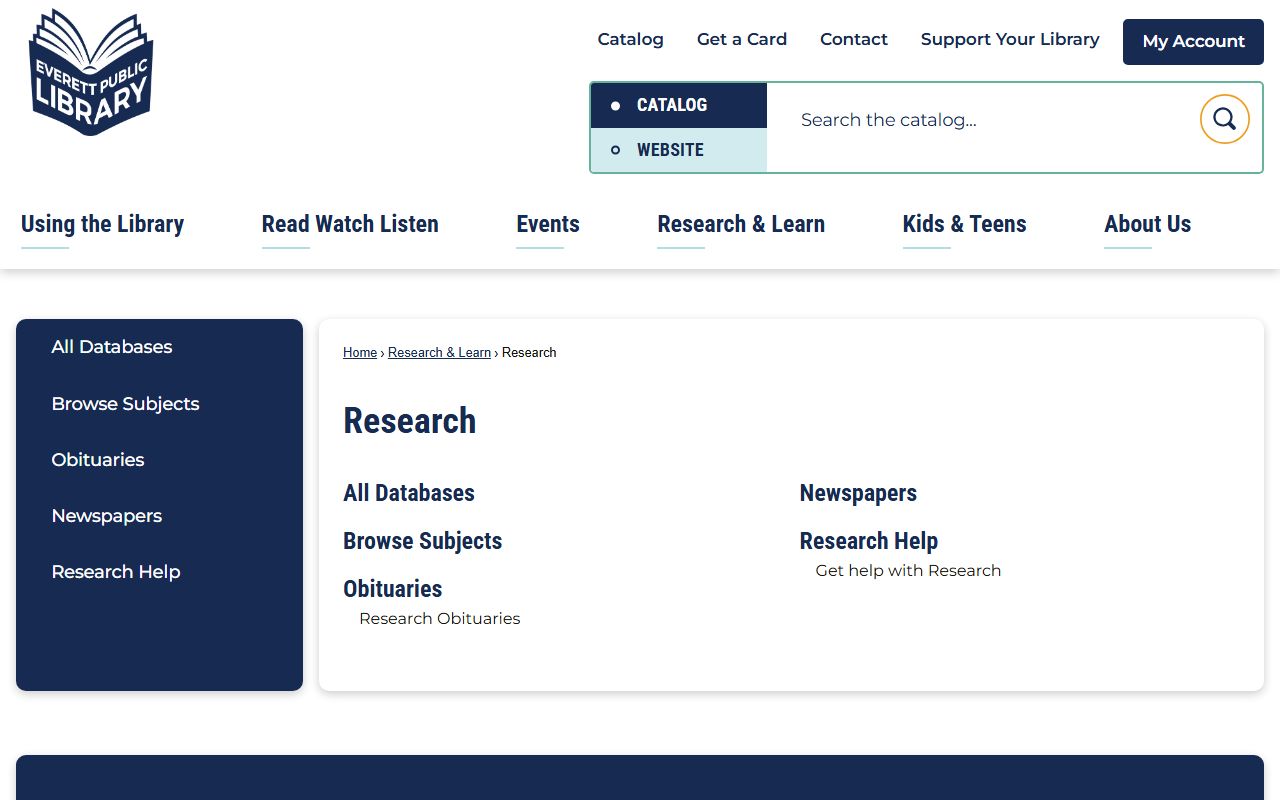 Everett Washington Public Library research page obituary database death records