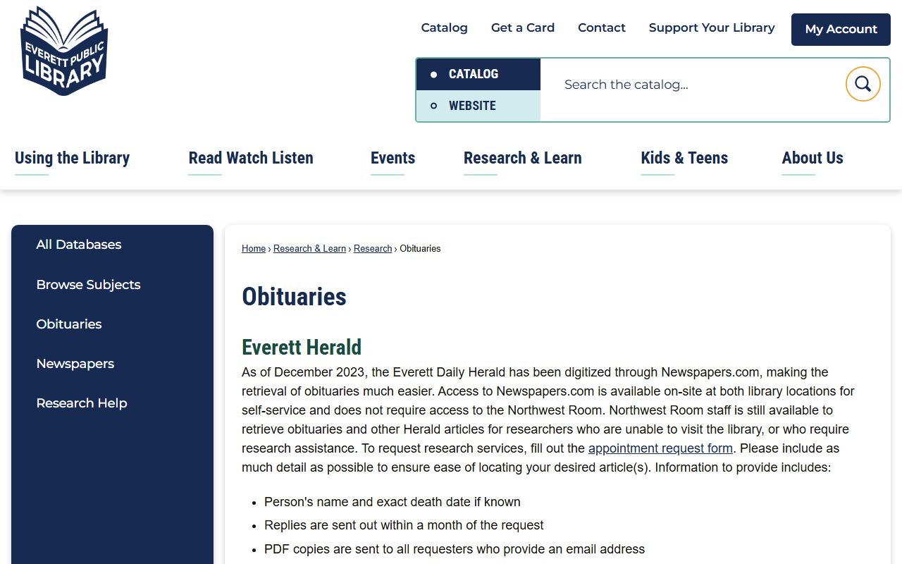 Everett Washington Public Library obituaries research Northwest Room Everett Daily Herald