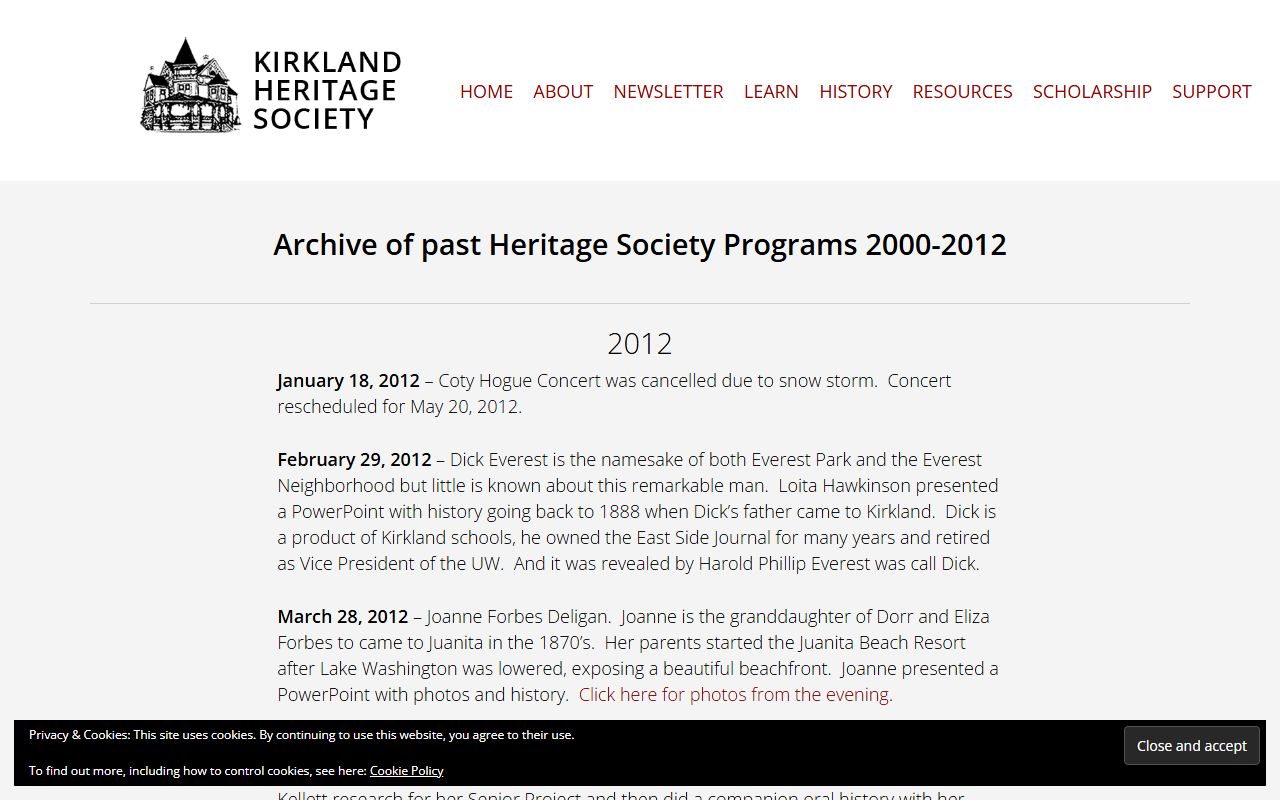 Kirkland Heritage Society historical records and past programs