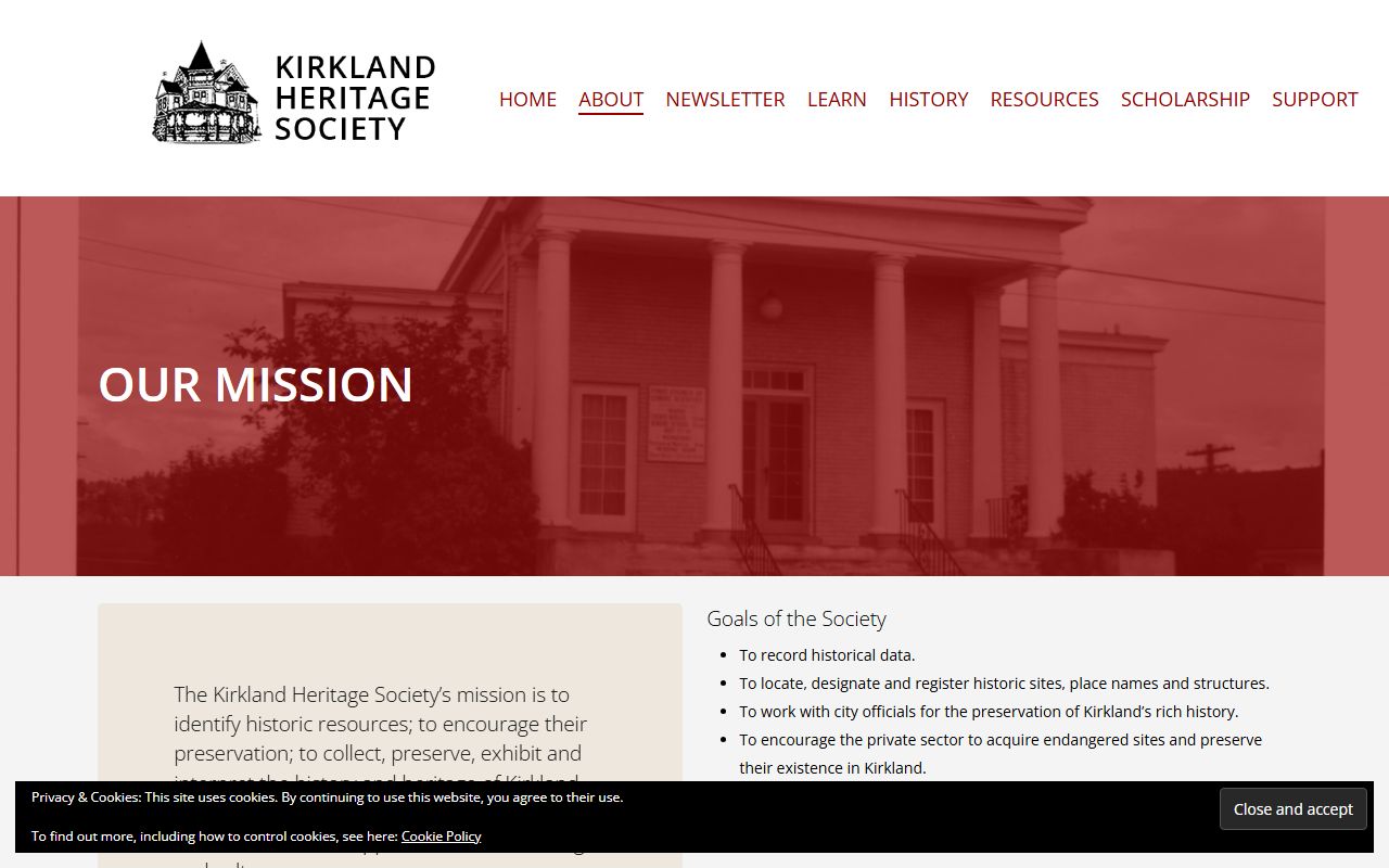 Kirkland Heritage Society about page and local historical records