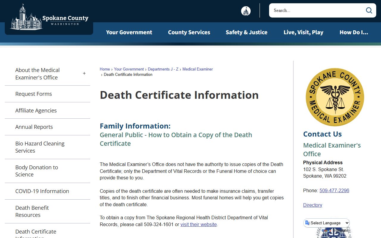 Spokane County death certificate information page for Orchards area