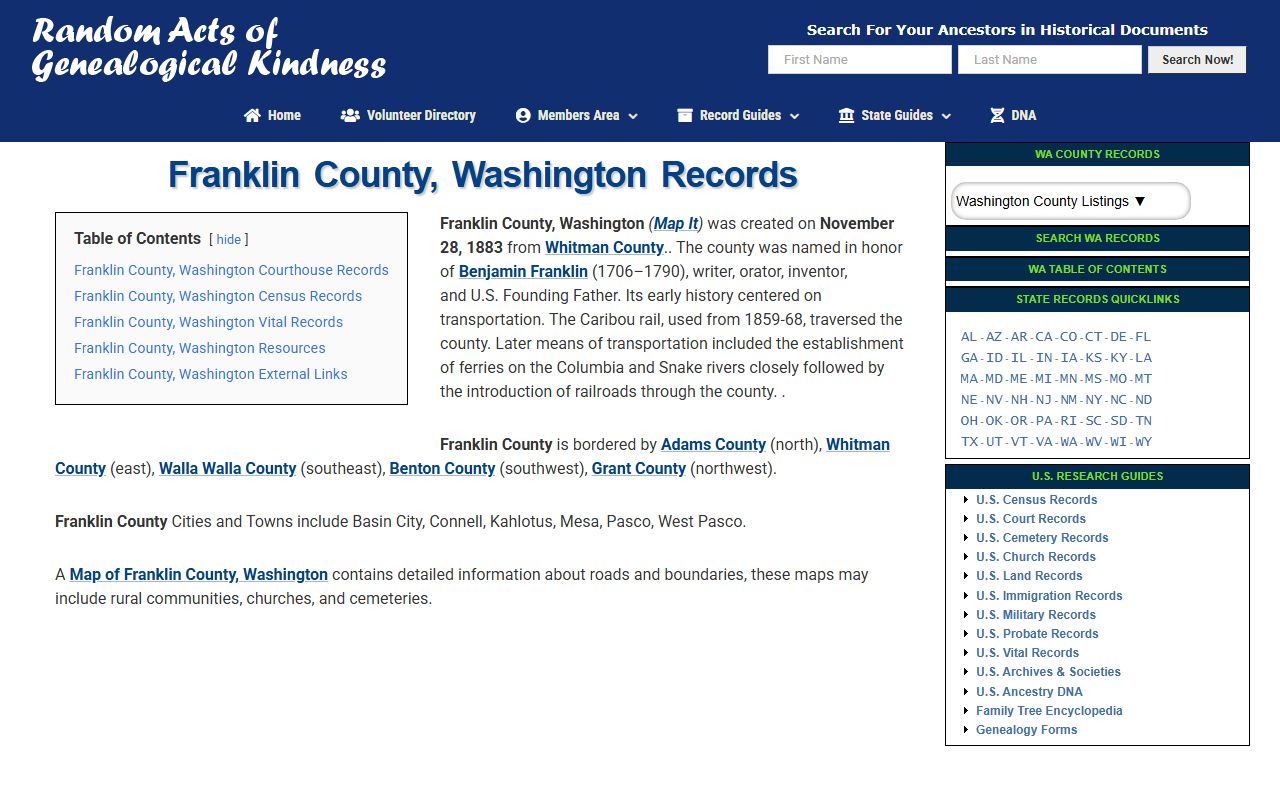 Franklin County genealogy resources and vital records for Pasco