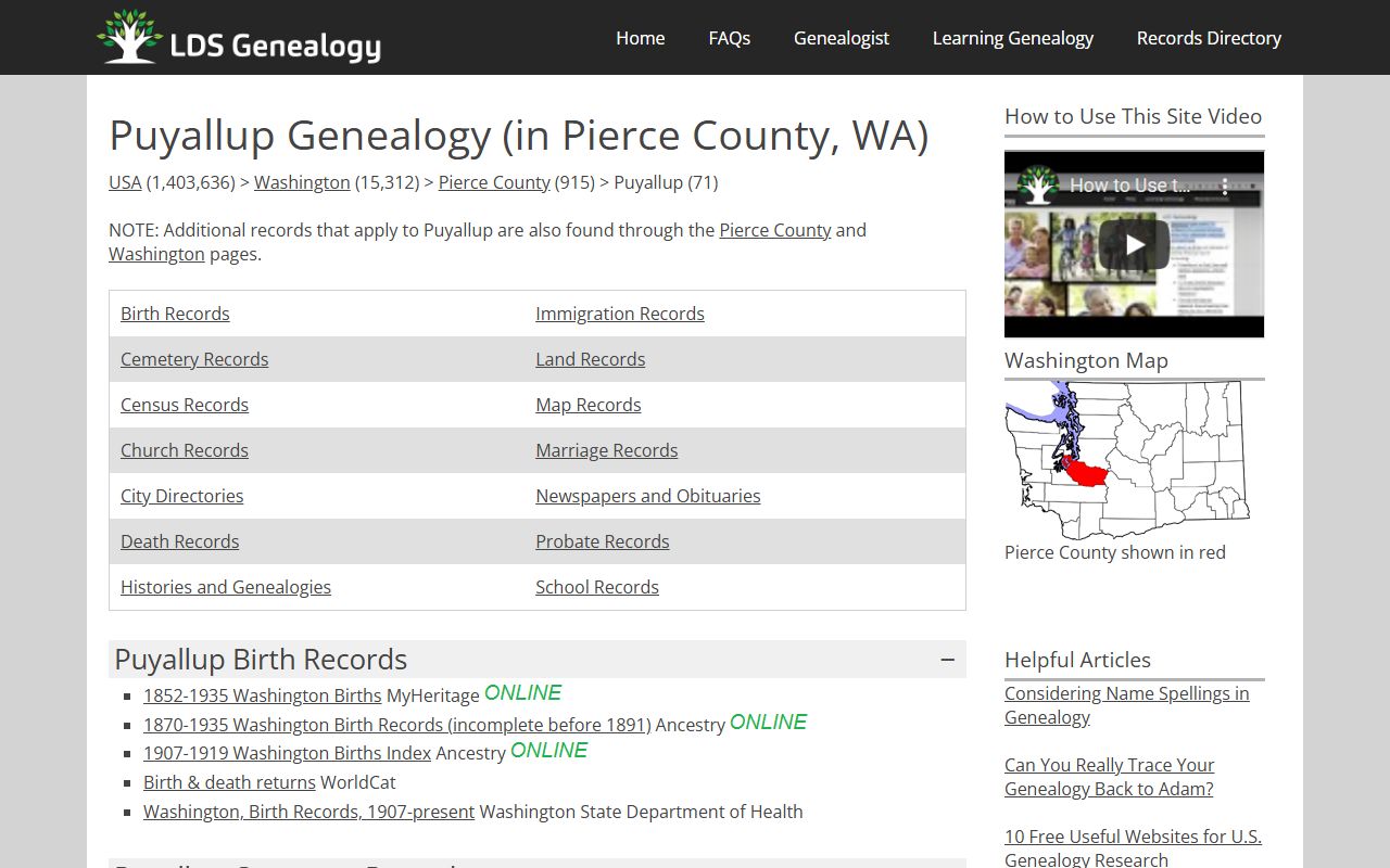 Puyallup Washington genealogy and obituary records from LDS resources