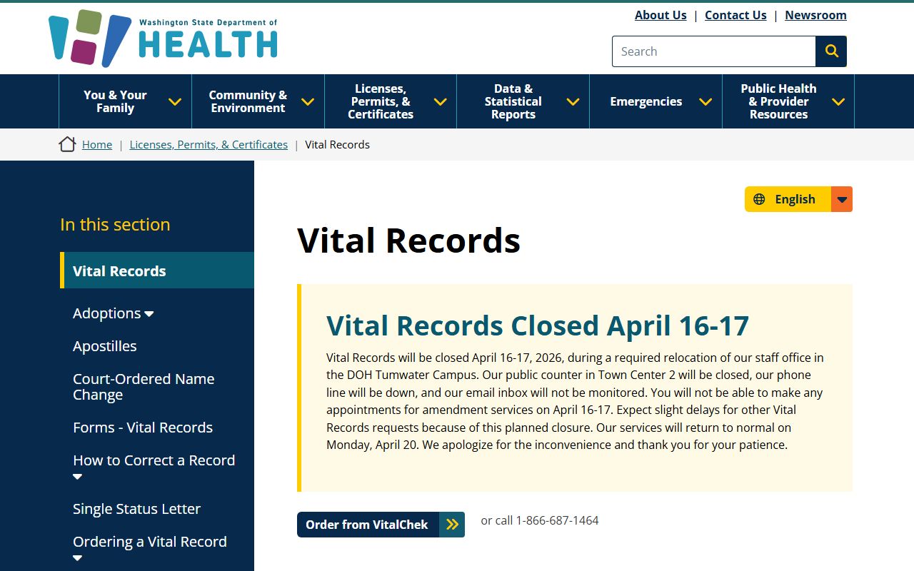 Washington State vital records overview for Shoreline