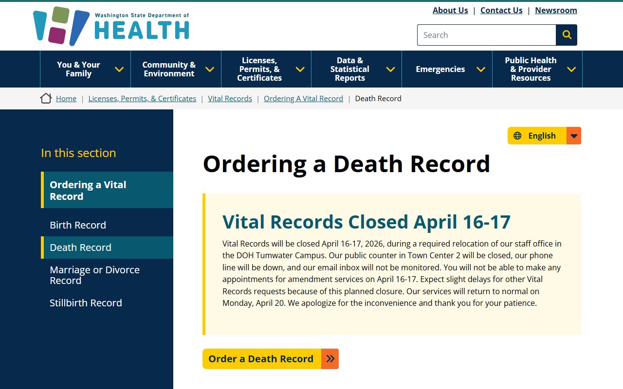 Shoreline Washington vital records ordering portal