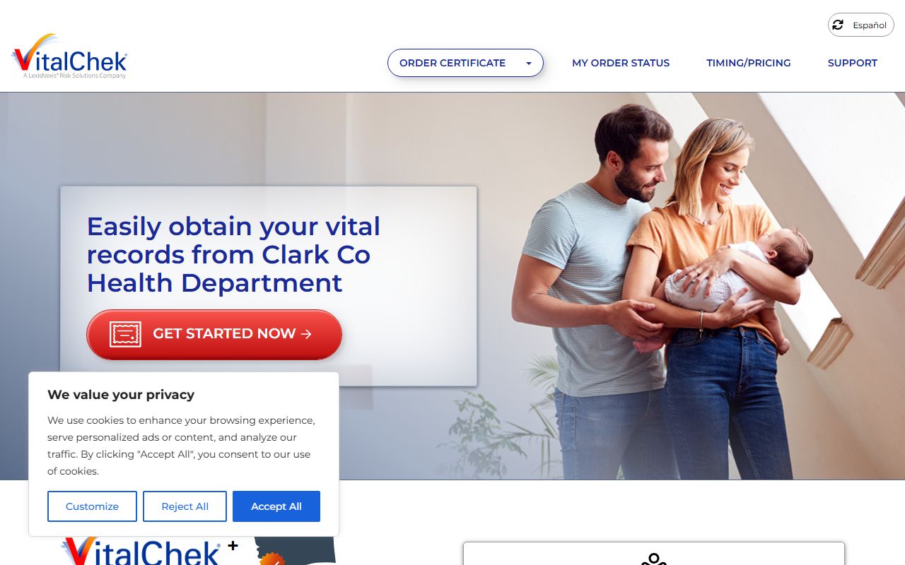 VitalChek ordering page for Clark County Health Department death certificates