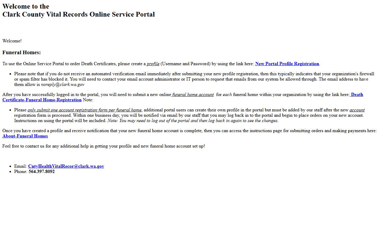 Clark County vital records online portal for funeral homes
