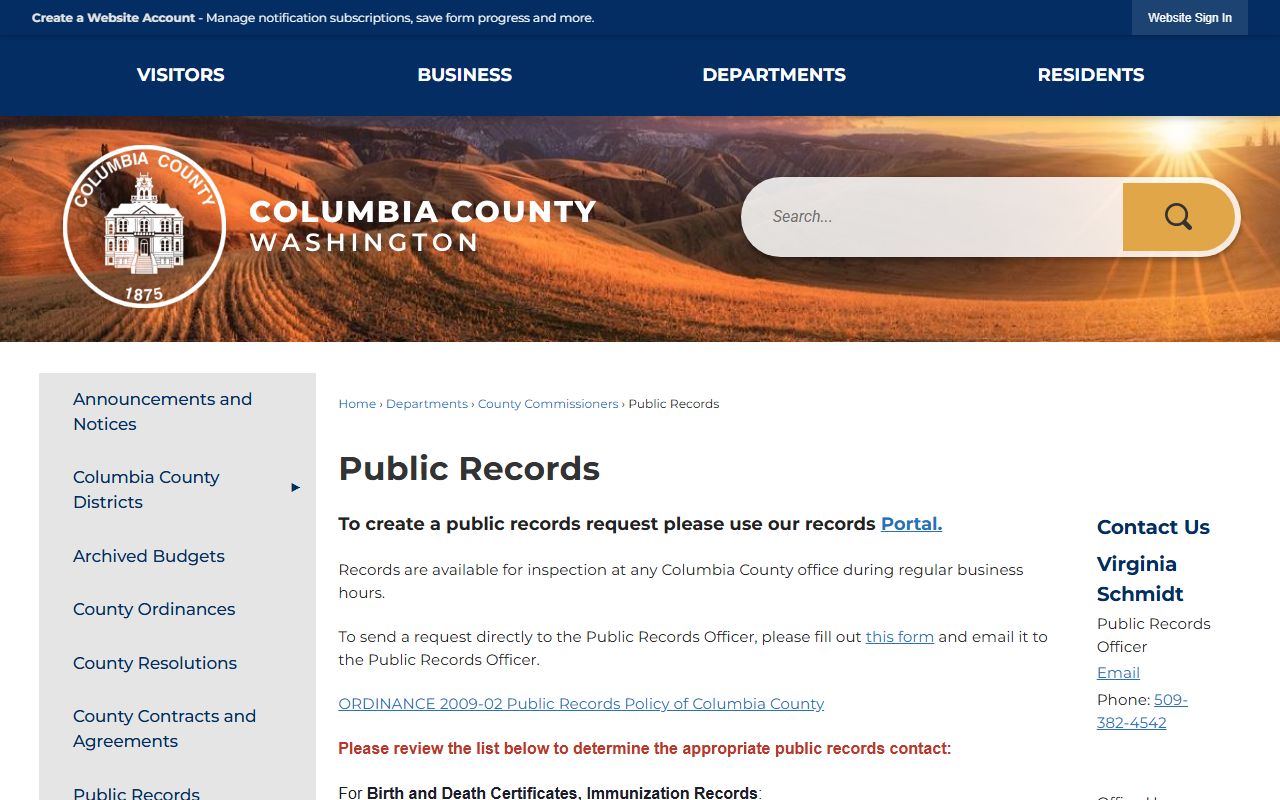 Columbia County public records page showing department contacts