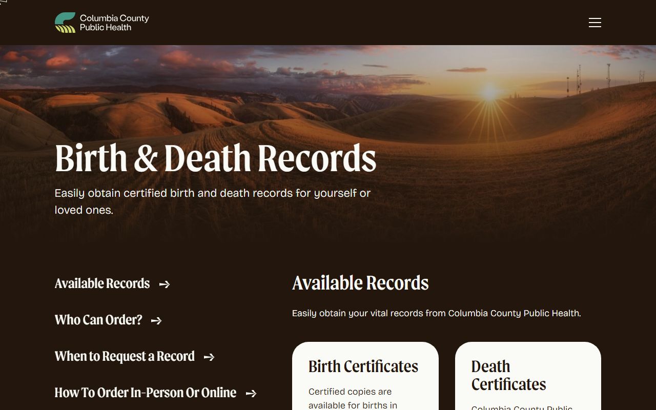 Columbia County Public Health birth and death records ordering page