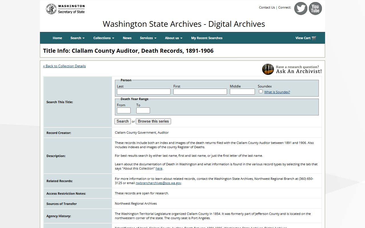 Franklin County vital records death certificate collection at Washington State Archives