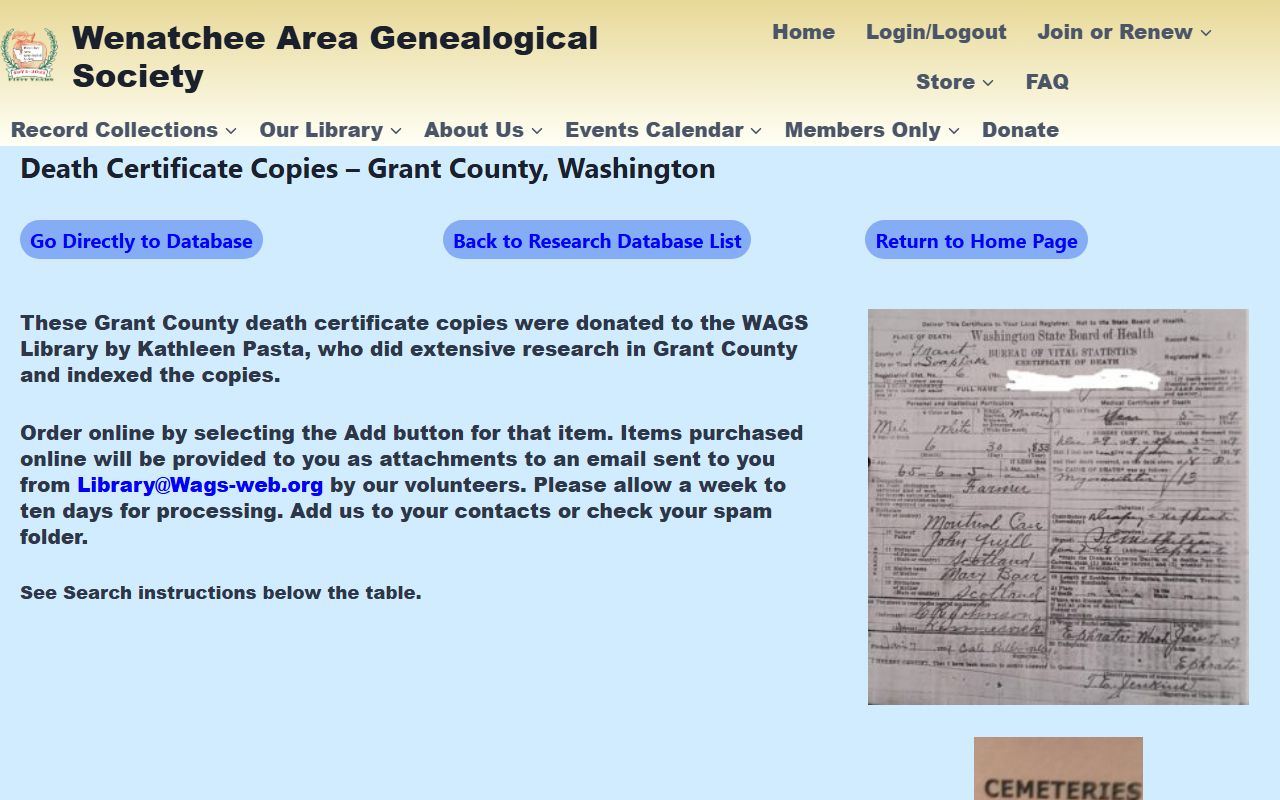 Grant County WAGS genealogy death records