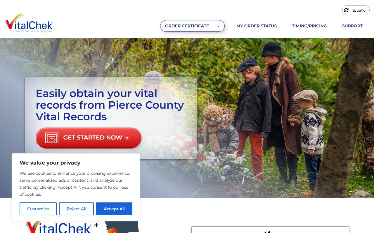 Pierce County VitalChek death certificate ordering page