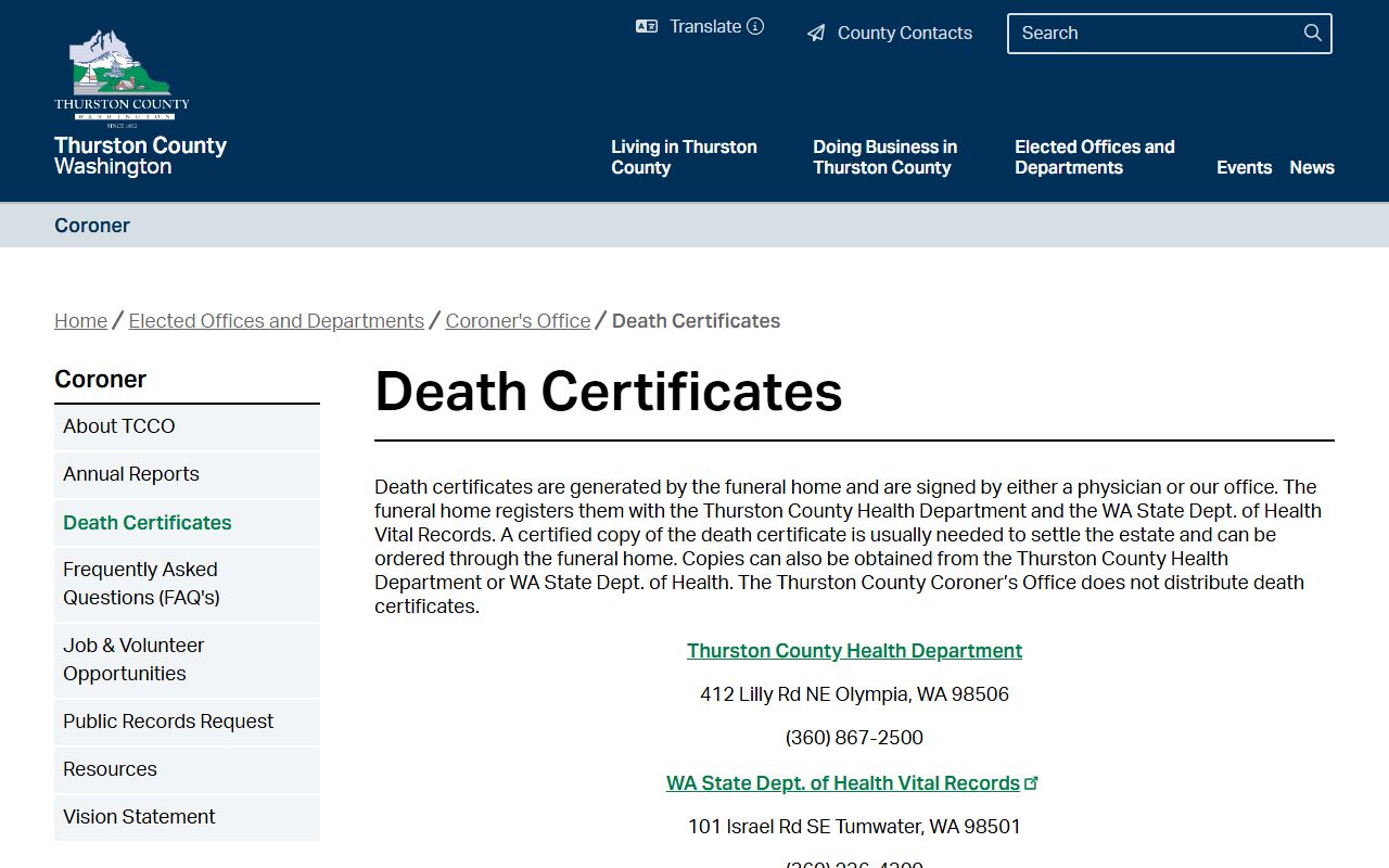 Thurston County obituary death records