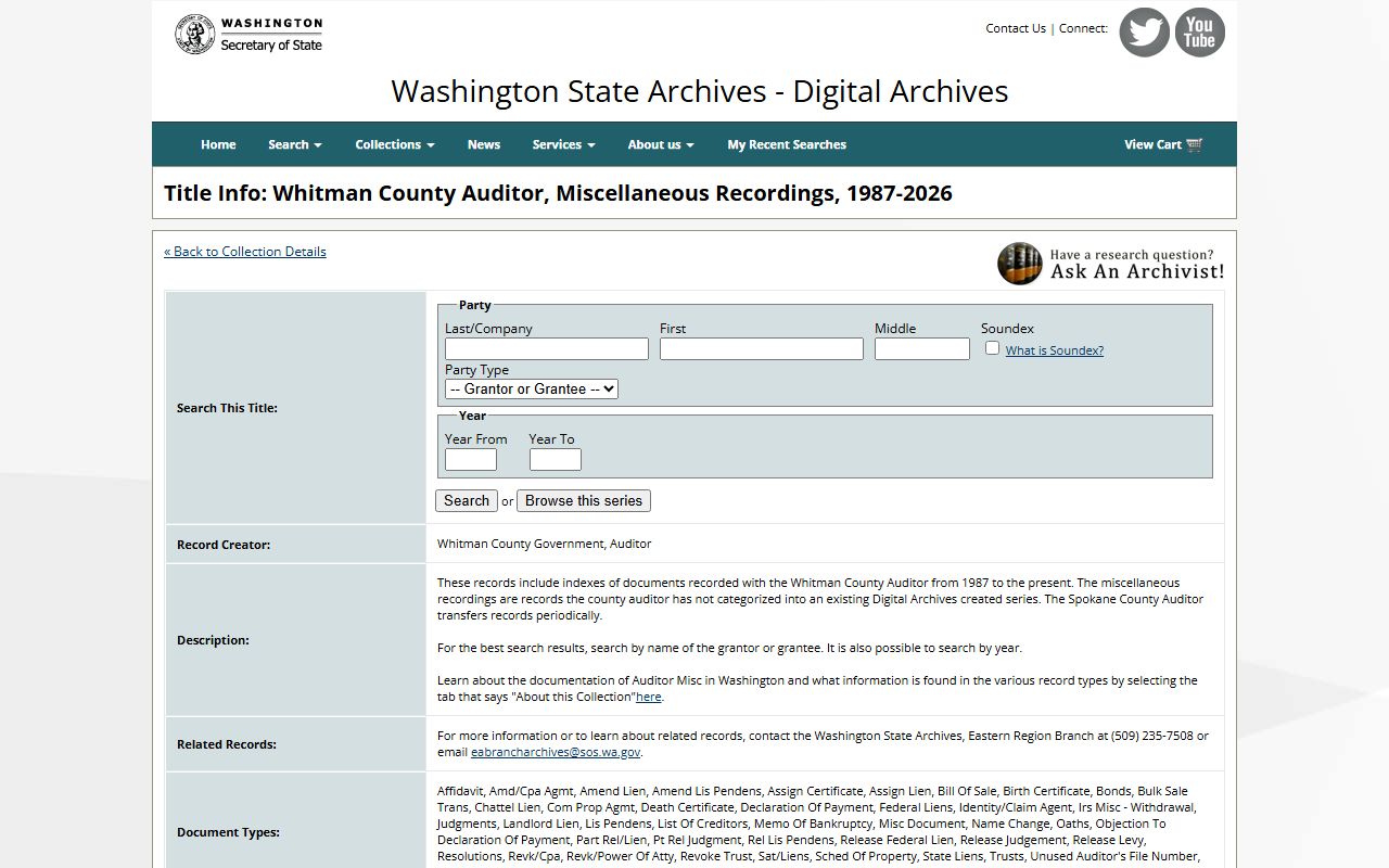 Whitman County obituary records auditor miscellaneous recordings