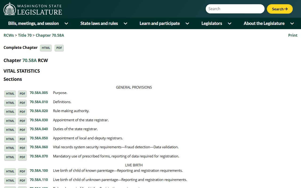 Washington State RCW Chapter 70.58A vital statistics law governing death records and obituary access