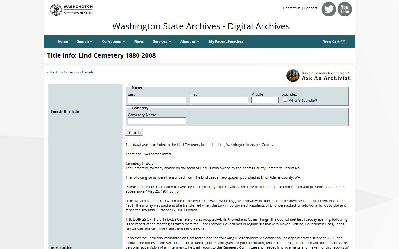 Washington State Digital Archives cemetery records collection for historical death and obituary research