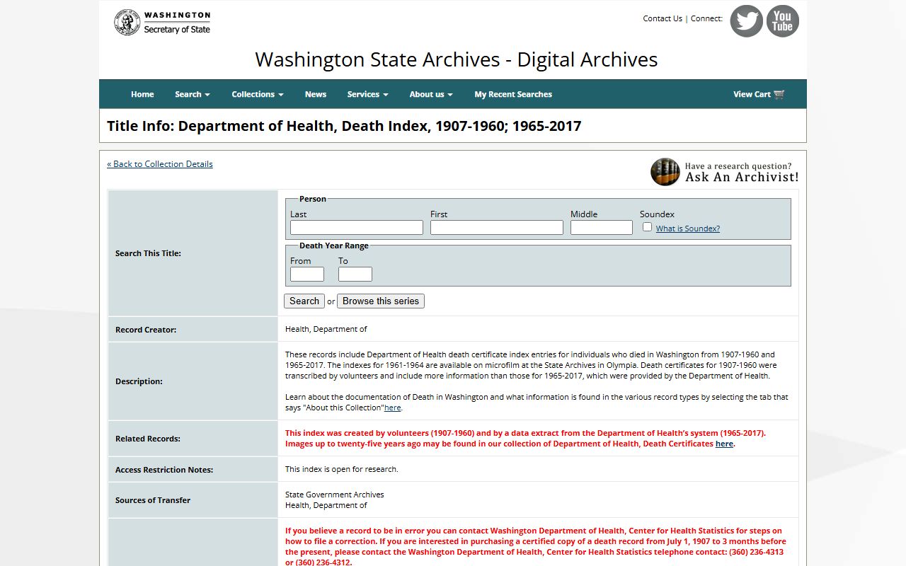 Washington State Digital Archives death index for obituary and death records research