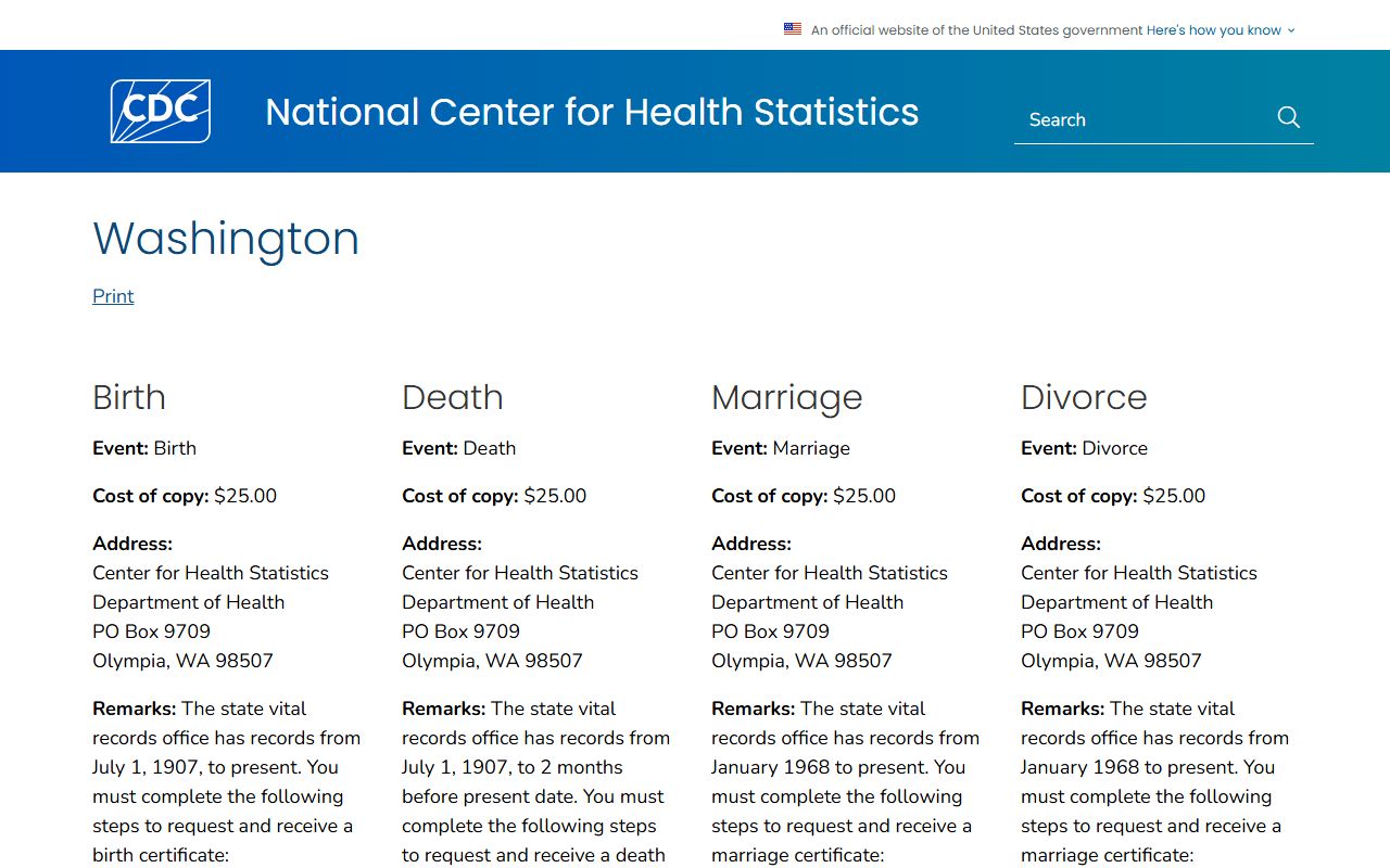 CDC guide to Washington State vital records and death certificate requests