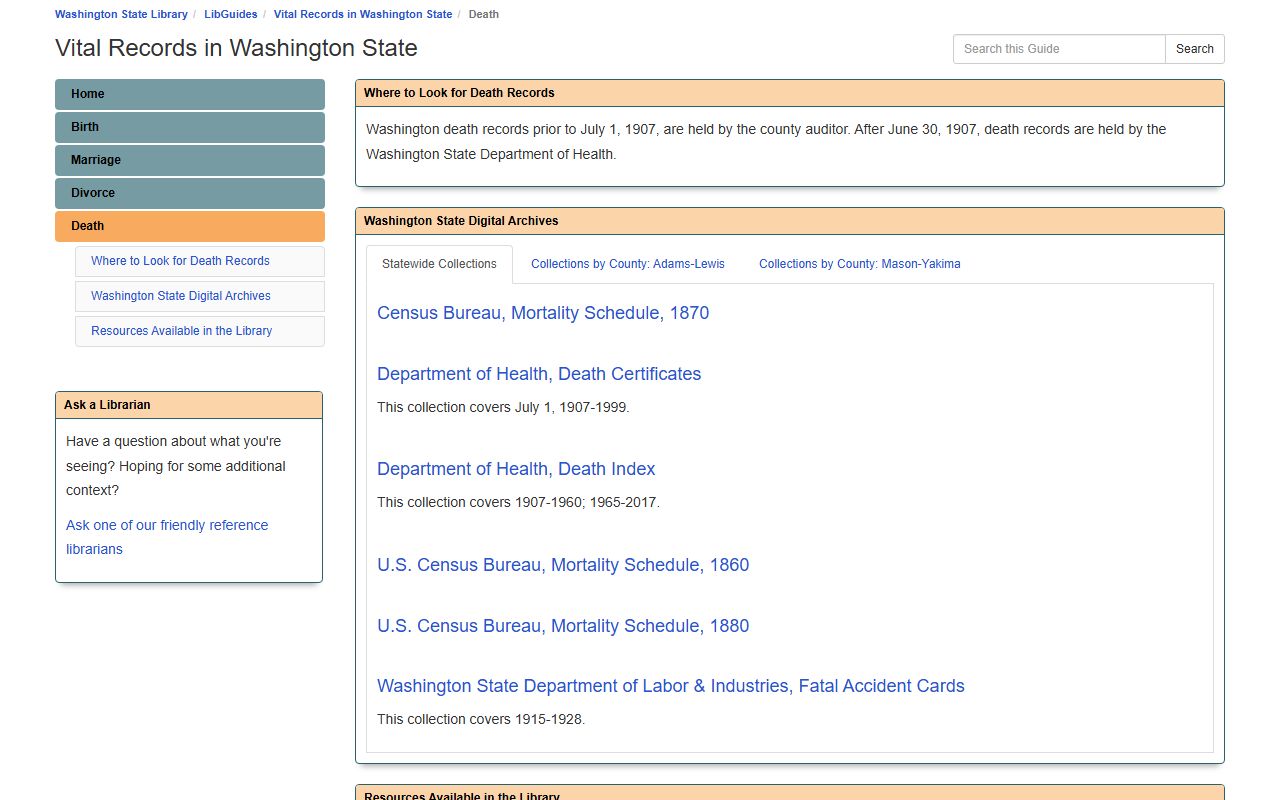 Washington State Library vital records research guide for historical obituary and death records