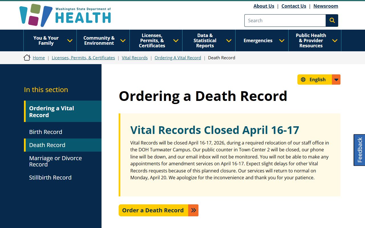 Washington Department of Health death record ordering page